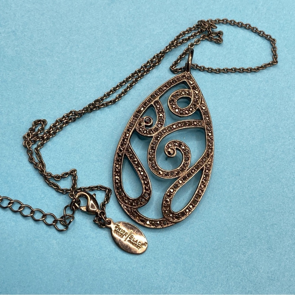 WHITE HOUSE BLACK MARKET Marcasite Swirl LargeTear Drop Black Chain Pendant